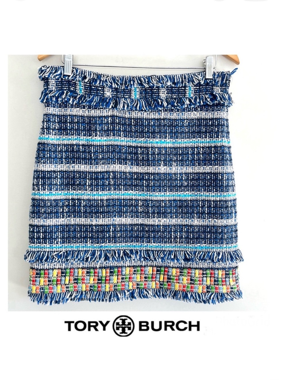 TORY BURCH Nora Normandy Blue Tweed Fringe Multicolor Enamel Pencil Skirt Sz 8